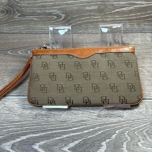 Dooney & Bourke Tan Canvas Brown Leather Trim “DB” Monogram Wristlet & Hardware